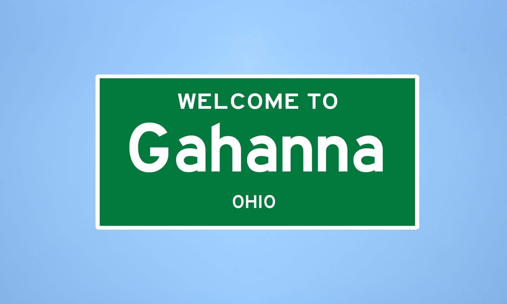 Gahanna, Ohio city limit sign. Town sign from the USA. Isolated US city limit sign of Gahanna, located in Franklin county, Ohio. Place name sign from the USA on blue background.