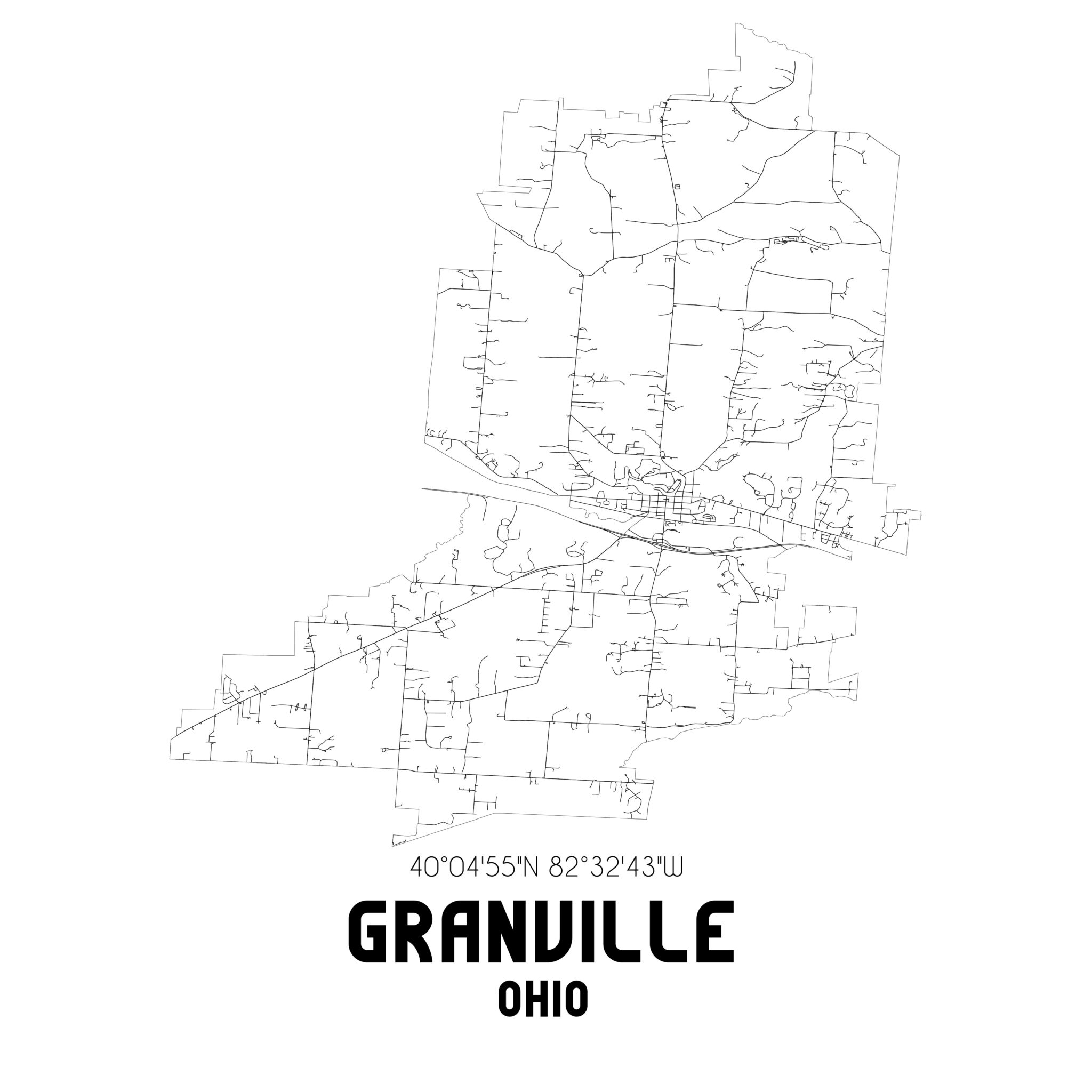 Granville Ohio. US street map with black and white lines. Granville Ohio. US street map with black and white lines.